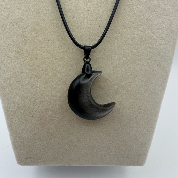 Silver Sheen Obsidian Crescent Moon Pendant Necklace - Picture 4 of 10